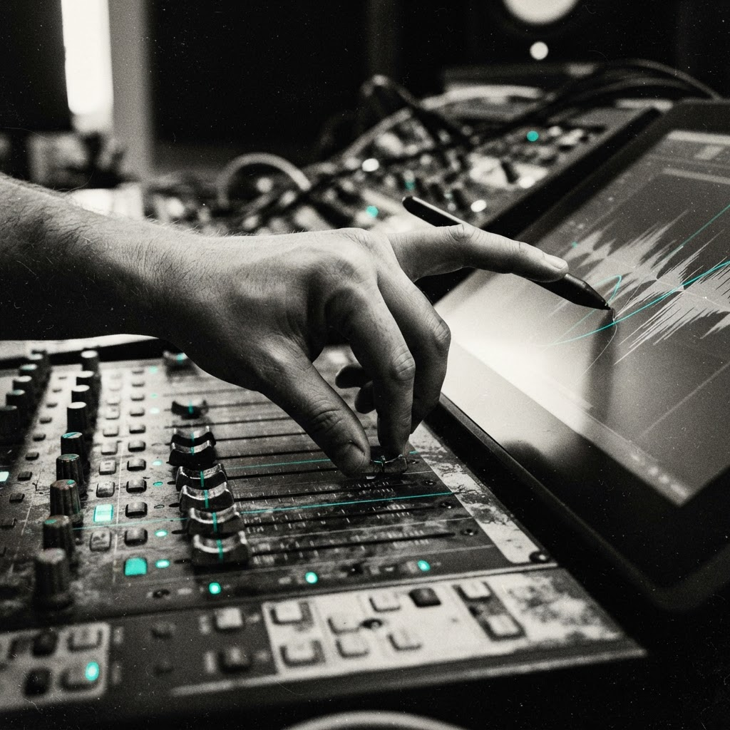 A hand adjusting a physical mixing surface while marking a waveform on a screen with a stylus.